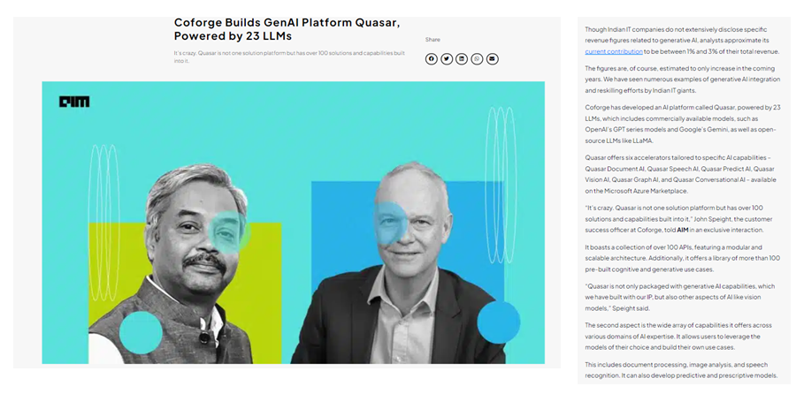 Coforge Builds GenAI Platform Quasar, Powered by 23 LLMs