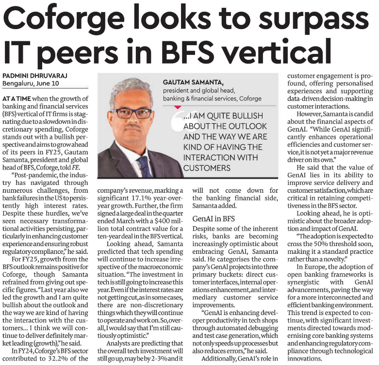 Coforge targets peer-surpassing growth in BFS amid industry slowdown
