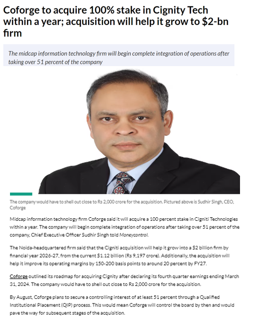Coforge to acquire 100% stake in Cignity Tech within a year; acquisition will help it grow to $2-bn firm