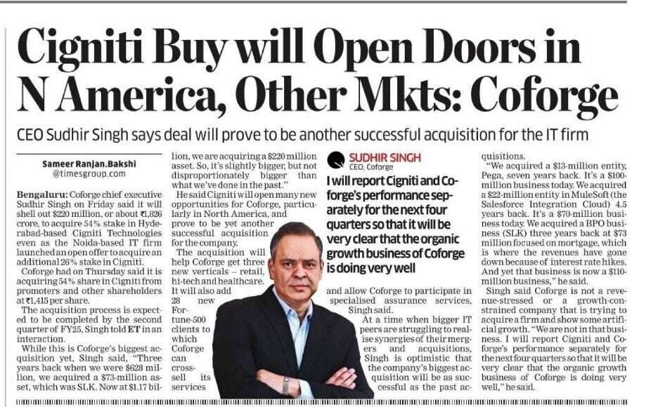 Coforge’s $220-m Cigniti acquisition biggest, but not disproportionately bigger: CEO Sudhir Singh